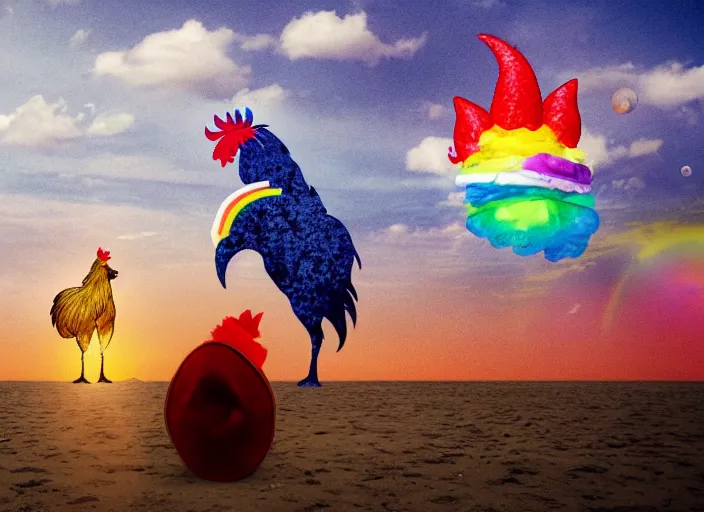 Image similar to A rooster wearing a fedora, standing on top of a unicorn at the beach, with rainbow in the sky