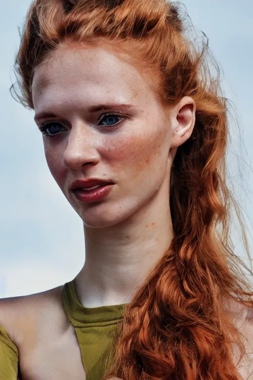 Image similar to vintage photograph of an olive skinned strawberry blonde female model in her twenties, her hair pinned up, wearing a designer top, looking content, focused on her neck, photo realistic, extreme detail skin, natural beauty, no filter, slr, golden hour, 4 k, high definition, selfie