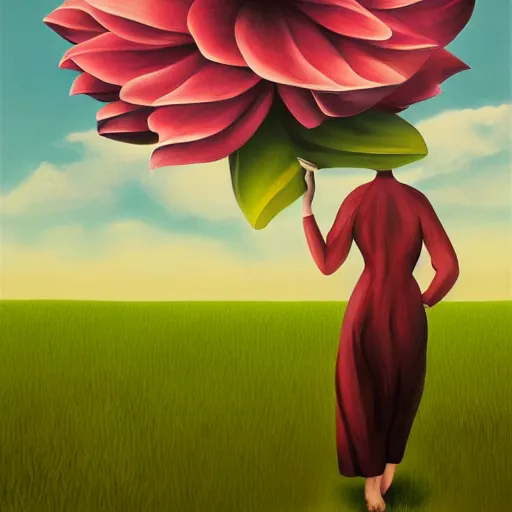 Image similar to huge flower as head, woman walking in a field, surreal, flat light, painting, digital painting, artstation, georgia o'keeffe