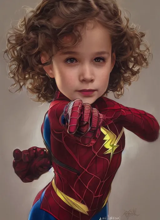 Image similar to a little girl with a mischievous face and light brown curly wavy hair. she is dressed as captain america, spiderman, batman, the flash, captain marvel, wonder woman, a superhero. clean elegant painting, beautiful detailed face. by artgerm and greg rutkowski and alphonse mucha