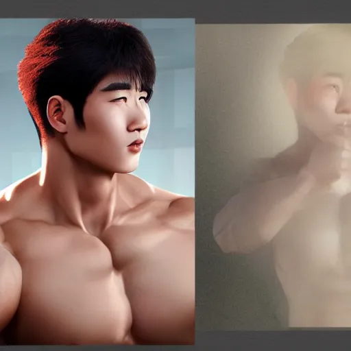 Prompt: a korean bodybuilder college boy, bokeh, beautiful face!!!!, 2 3 years old, cg animation, lifelike, animated, realistic, character select portrait, by artgerm, greg rutkowski, alphonse mucha, 3 d