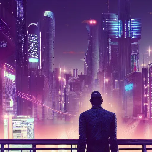 Image similar to A man standing on top of a bridge over a city, cyberpunk art by Vincent Lefevre, behance contest winner, altermodern, cityscape, synthwave, matte painting