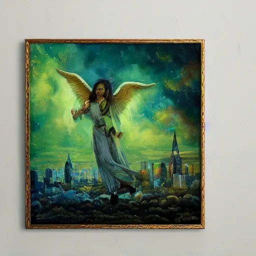 Image similar to beautiful oil painting of biblically accurate angel, night sky clouds, green lightning, above city, high detail, trending on art station