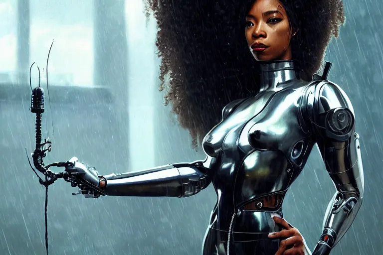 Image similar to cyborg hacker normani as aeon flux profile picture by greg rutkowski, dynamic pose, intricate, futuristic, fantasy, elegant, by stanley artgerm lau, greg rutkowski, thomas kindkade, alphonse mucha, loish, norman rockwell, metal chrome, shiny, rainy day, asymmetric, long afro hair, wires,