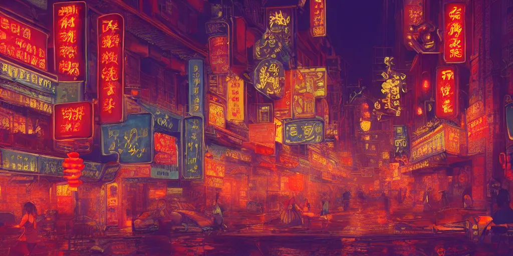 Image similar to old chinatown that never sleeps, neon lights, mythology, fairy tale, urban landscape, evening, highly detailed, low angle view, artstation, in the style of aetherpunk