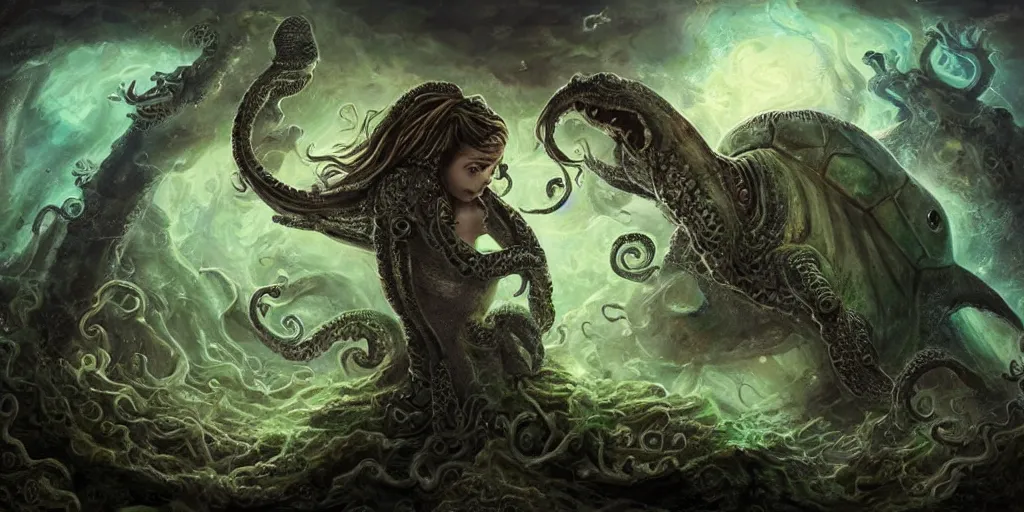 Image similar to Fantasy fairytale style portrait painting, Great Leviathan Turtle, cephalopod, Cthulhu Squid, hybrid, Mythic Island, center Universe, accompany Cory Chase, Blake Lively, Anya_Taylor-Joy, Grace Moretz, Halle Berry, Mystical Valkyrie, Anubis-Reptilian, Atlantean Warrior, hybrid, intense fantasy atmospheric lighting, digital oil painting, hyperrealistic, François Boucher, Michael Cheval, Oil Painting, Cozy, hot springs hidden Cave, candlelight, natural light, lush plants and flowers, Spectacular Mountains, bright clouds, luminous stellar sky, outer worlds, Jessica Rossier, michael whelan, William-Adolphe Bouguereau, HD,