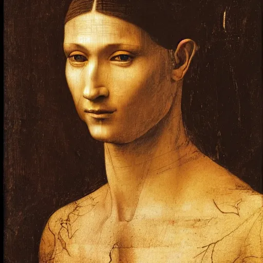 Image similar to Portrait of a medieval nobleman, tan skin and brown hair, clean shaven, big nosed with many scars. by leonardo da vinci