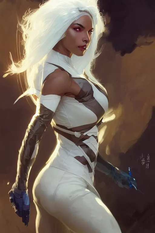 Image similar to beautiful woman with white hair and brown skin as aeon flux profile picture by Greg Rutkowski, dynamic pose, intricate, futuristic, fantasy, elegant, by Stanley Artgerm Lau, greg rutkowski, thomas kindkade, alphonse mucha, loish, norman Rockwell,