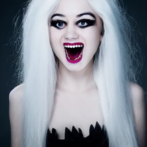 Image similar to Young woman, white hair, black eyes, sharp teeth, pointy ears, pale skin