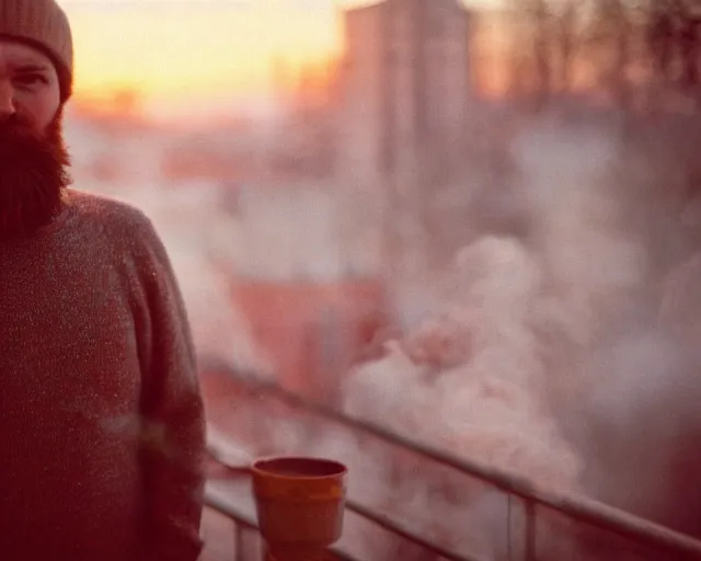 Image similar to lomographic film still photo of 4 0 years russian man with beard and sweater standing on small hrushevka 9 th floor balcony full with cigarette smoke in winter taiga looking at sunset, cinestill, bokeh