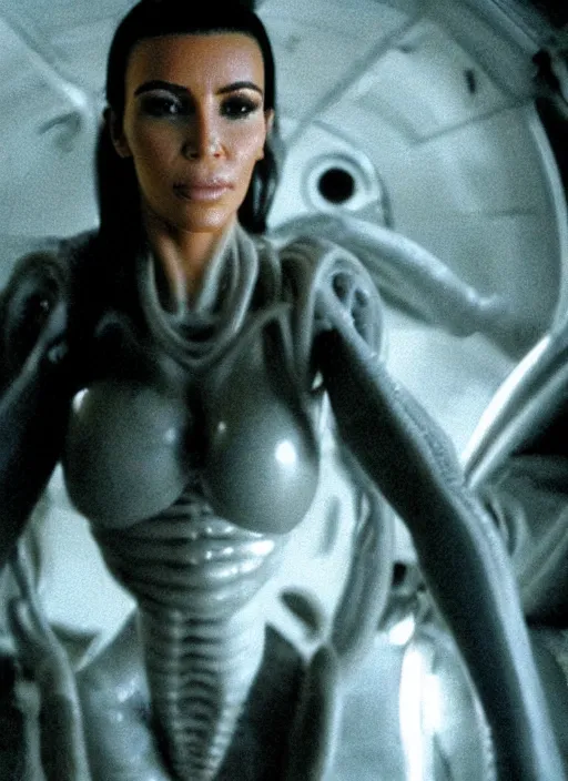 Image similar to movie still of kim kardashian wearing a alien facehugger mask, in the movie alien. cinematic full shot.