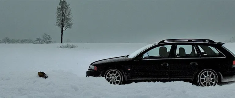 Image similar to Audi A4 B6 Avant (2002), a gritty neo-noir, dramatic lighting, cinematic, eerie person silhouette, death, homicide, homicide in the snow, gunshots, establishing shot, extremely high detail, photorealistic, cinematic lighting, artstation, by simon stalenhag, Max Payne (PC) (2001) winter new york at night, Max Payne 2 graphic novel style, flashing lights, Poets of the Fall - Late Goodbye