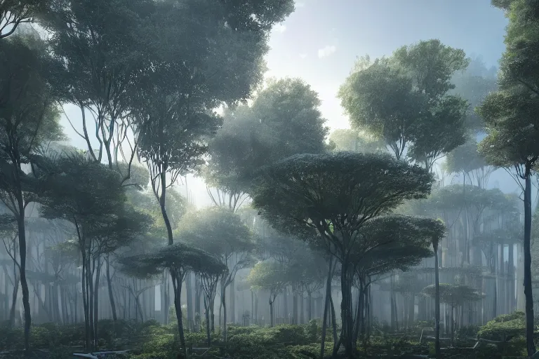 Image similar to a forest, futuristic artificial trees of brutalist architecture, trees covered with greebles, stunning volumetric light, sunset, metal, concrete and wood material, stunning skies, majestic landscape, trending on artstation, 8 k, photorealistic, hyper detailed, unreal engine 5, imax quality, cinematic, epic lighting, in the style of greg rutkowski