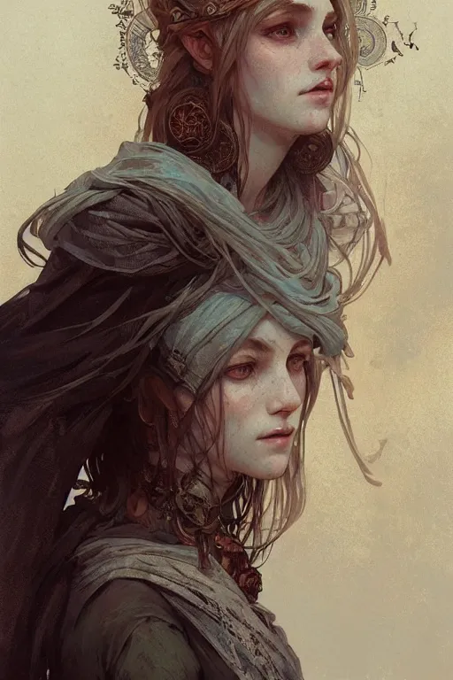 Image similar to A full portrait of a beautiful post apocalyptic celtic blind soothsayer, intricate, elegant, highly detailed, digital painting, artstation, concept art, smooth, sharp focus, illustration, art by Krenz Cushart and Artem Demura and alphonse mucha
