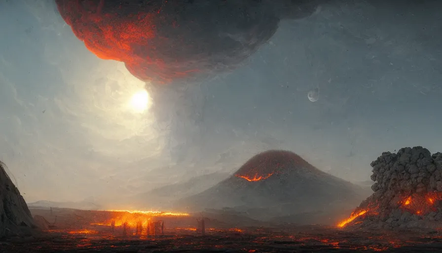 Image similar to moon crash into earth, armageddon, ruined city, realistic, burning sky, volcanic eruption, epic scale, by caspar david friedrich by james gilleard and justin gerard, artstation, smooth, sharp focus, by jean baptiste, octane render