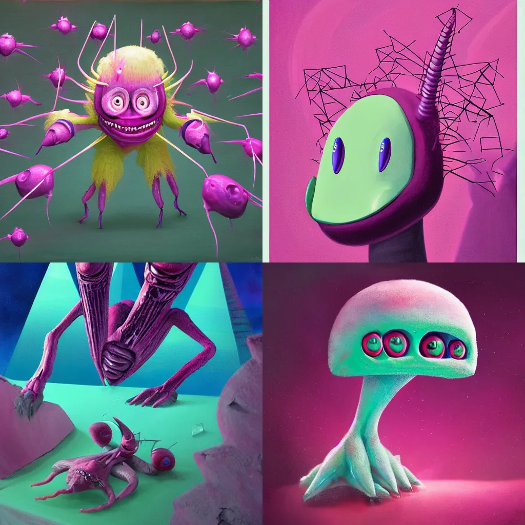 Prompt: mi-go, an alien creature, its shapeless pink body bears numerous sets appendages, odd, vaguely pyramid-shaped head bristles with numerous wavering antennae, it fills you with primordial dread, a very very very beautiful photorealistic painting, 4k