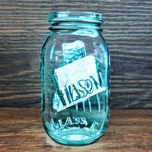 Prompt: a fanstasy world inside of a hlass mason jar, on a wooden desk