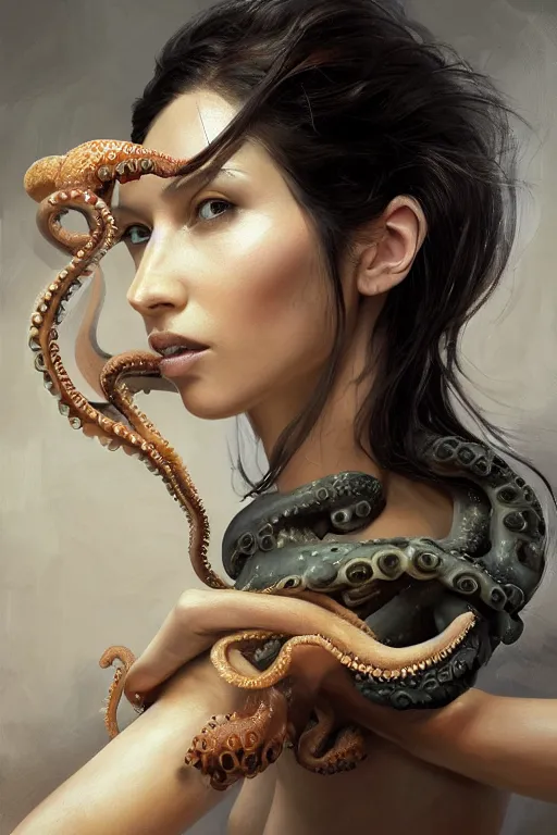 Image similar to a professional painting of a beautiful woman, with an octopus for a tongue, olive skin, long dark hair, beautiful bone structure, symmetrical facial features, intricate, elegant, digital painting, concept art, smooth, sharp focus, illustration, from Metal Gear, by Ruan Jia and Mandy Jurgens and Artgerm and William-Adolphe Bouguerea