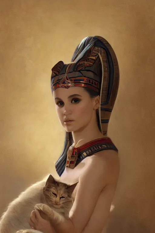 Prompt: soft light portrait of the beautiful egyptian goddess, bastet, bast, woman / cat hybrid, soft torchlight in an egyptian tomb, digital art by ruan jia and mandy jurgens and artgerm and william - adolphe bouguereau, by jean - leon gerome, highly detailed, trending on artstation, award winning,