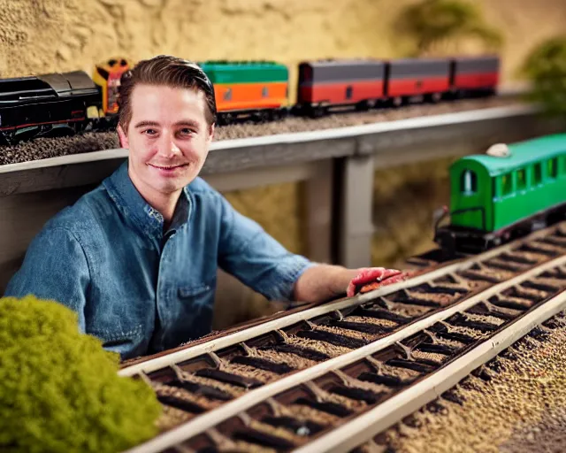 Image similar to Stoner model train enthusiast, cinematography by Robby Müller
