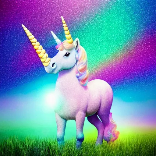 Image similar to an ultra high definition pastel coloured wildlife photograph of a magic unicorn with a glittery magic horn eating an ice cream in a magical field. refraction, volumetric lighting iridescence.