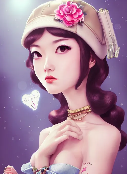 Image similar to a pin up and beautiful fashion dreamlke japan girl with lv jewelry, character art, art by artgerm, wlop, loish, hyperdetailed, 8 k realistic, symmetrical, global illumination, radiant light, frostbite 3 engine, cryengine, dof, trending on artstation, digital art, chanel, dior, detailed background