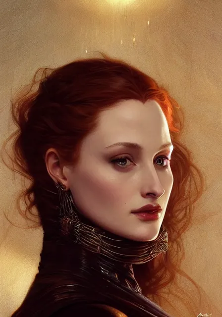 Prompt: sansa angeline jolie gessica chastain in dark, intricate, elegant, highly detailed, digital painting, artstation, concept art, smooth, sharp focus, illustration, art by artgerm and greg rutkowski and alphonse mucha and william - adolphe bouguereau