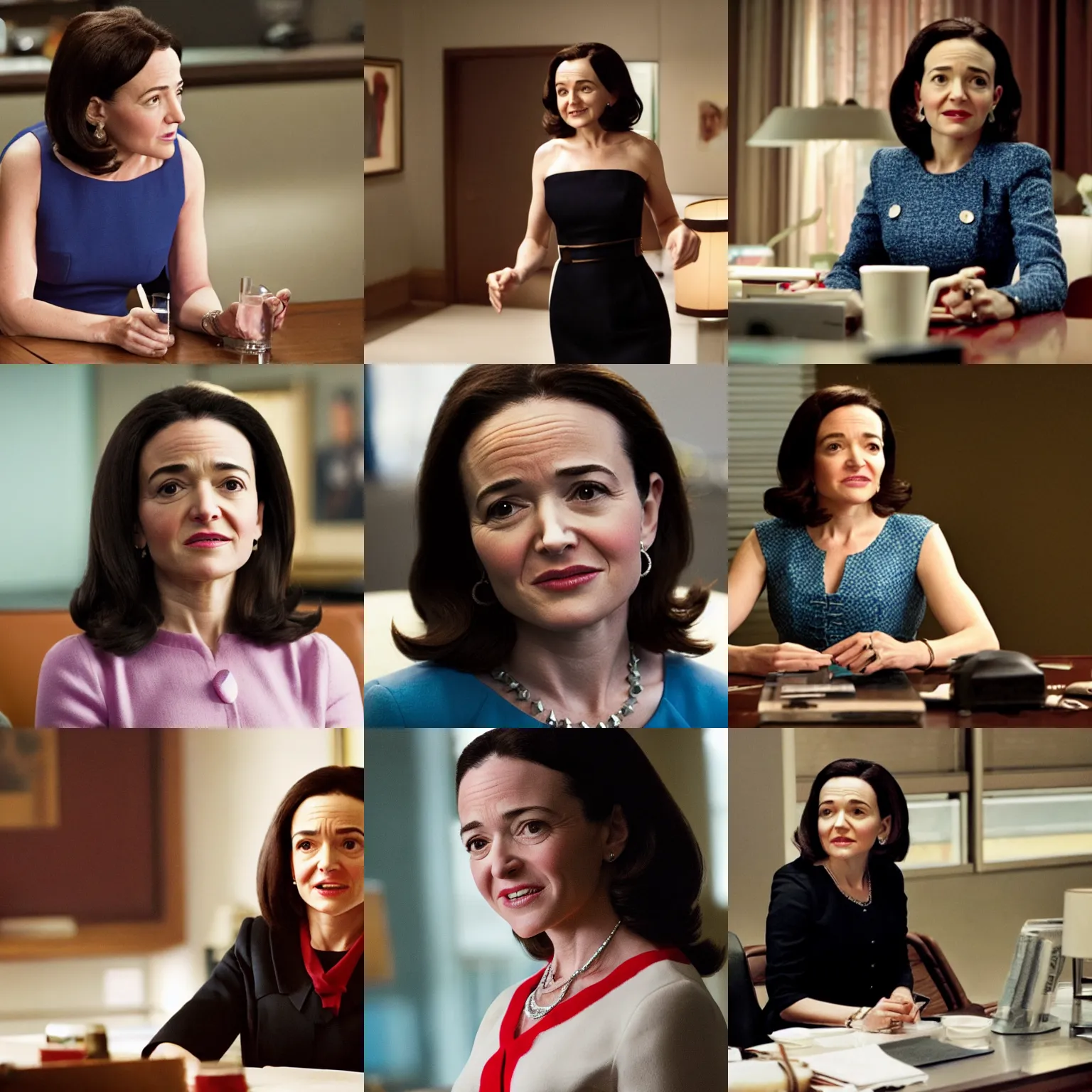 Prompt: Movie still of Sheryl Sandberg in Mad Men