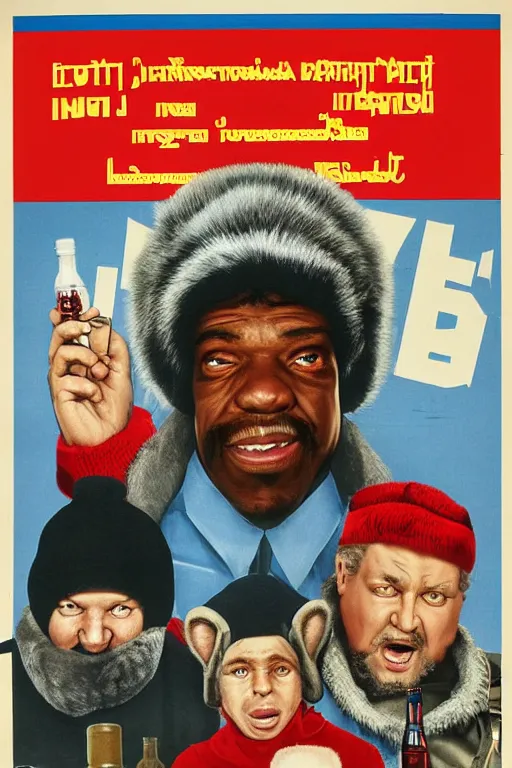 Image similar to poster the movie 1 9 8 8 ussr don't be a menace to south central while drinking your juice in the hood, perfect symmetrical eye, gray fur hat soviet soviet russian winter fur cap with earflaps ushanka, bottle of vodka, bears, kremlin babushka communist criminal