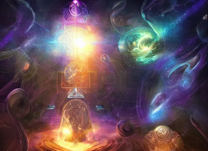 Image similar to void manifold, timeline nexus, ascending universes, shining nordic runes, galaxy worth of computation, an illustration of philosophical concept by cgsociety and james gurney