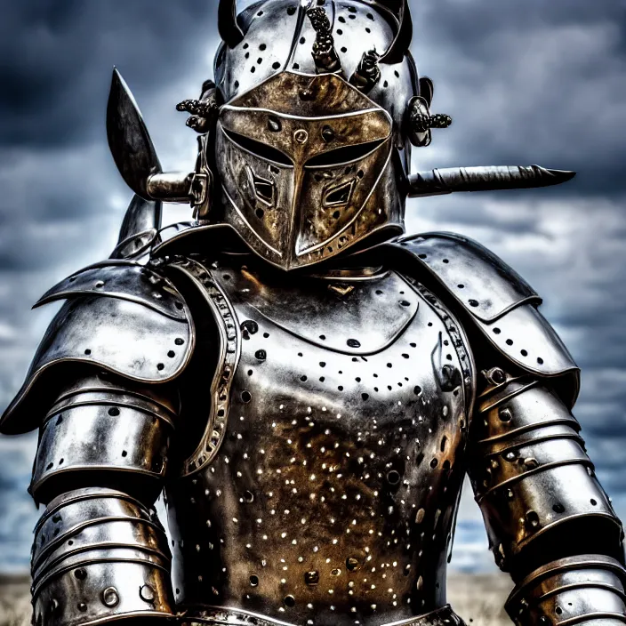 Image similar to photo of a warrior with metal bear themed armour, highly detailed, 4 k, hdr, smooth, sharp focus, high resolution, award - winning photo