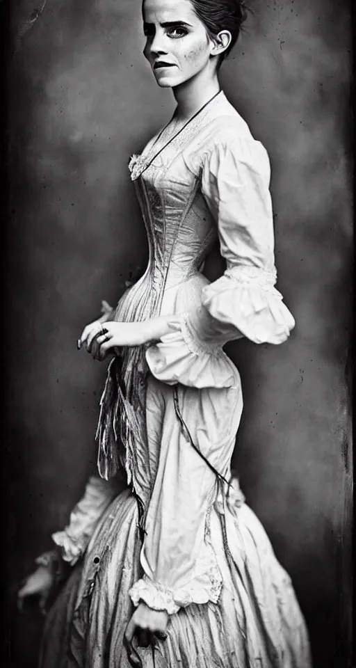 Prompt: a wet plate photograph, a beautiful portrait of Emma Watson dressed in victorian era clothes