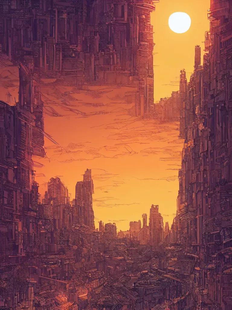 Image similar to a digital art of sunset, a metropolis beside the river, by laurie greasley, artstation, studio ghibli color scheme