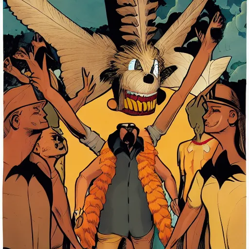 Image similar to ripped physique winged man Norm MacDonald disguised as a mothra whilst wearing a traffic cone hat cliff chiang roc upchurch brian k. vaughan vanesa r. del ray joelle jones mike mignola