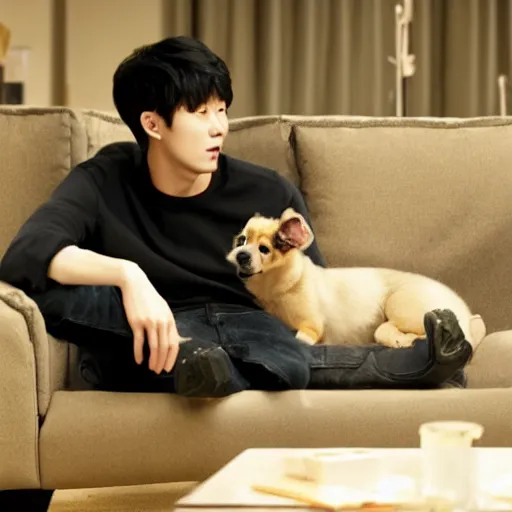 Image similar to cinematic shot of yoon suk - yeol and a cute puppy smoking weed together on a couch, 8 k, intricate, detailed,