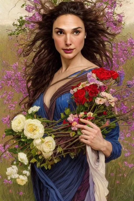 Prompt: portrait of gal gadot as beautiful mysterious woman holding a bouquet of flowing flowers, hands hidden under the bouquet, fantasy, regal, intricate, by stanley artgerm lau, greg rutkowski, thomas kindkade, alphonse mucha, loish, norman rockwell