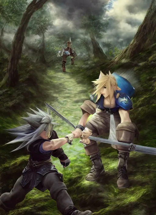 Image similar to cloud from final fantasy 7 and link from zelda fighting in the forest, fantasy, medieval, vivid colors, fantasy, elegant, concept art, sharp focus, beautiful face!!, digital art, hyper - realistic, 4 k, unreal engine, highly detailed, hd, dramatic lighting by brom, trending on artstation