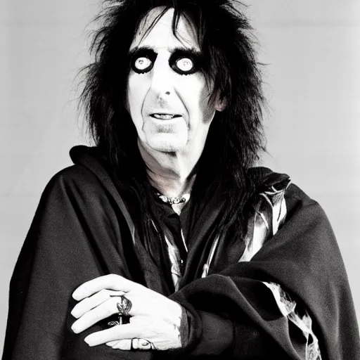 Prompt: alice cooper wearing a dark hooded cloak