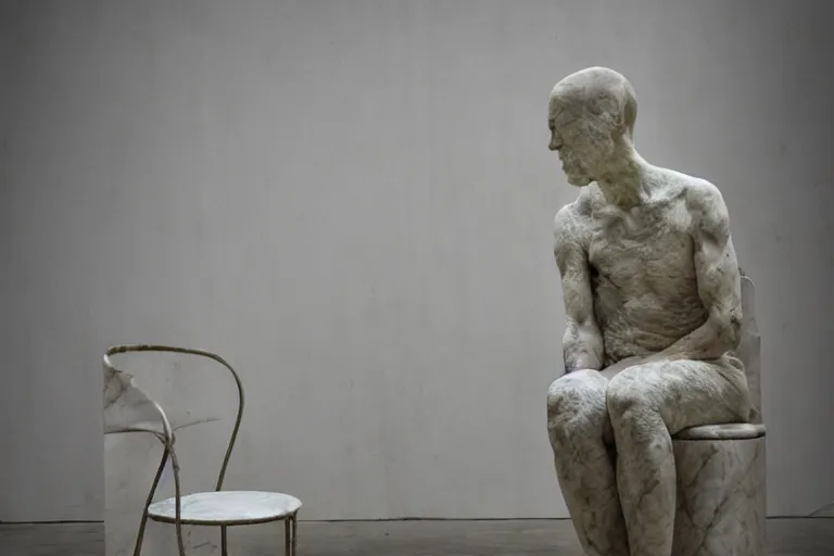 Image similar to a sculpture of a person sitting on top of a chair, a marble sculpture by nicola samori, behance, neo - expressionism, marble sculpture, apocalypse art, made of mist