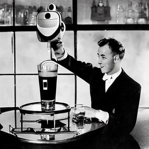 Image similar to A duck shaped robot is serving drinks in a bar in the 50's