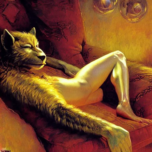 Image similar to a portrait of a furry alien human hybrid sleeping on the couch. highly detailed painting by gaston bussiere, craig mullins, j. c. leyendecker, furry