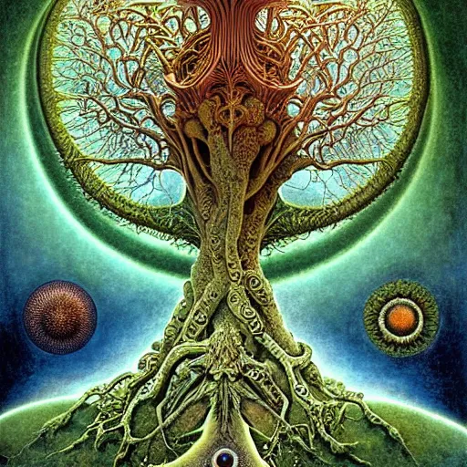 Image similar to tree of life by roger dean and andrew ferez, art forms of nature by ernst haeckel, divine chaos engine, symbolist, visionary, art nouveau, botanical fractal structures, organic, detailed, realistic, surreality