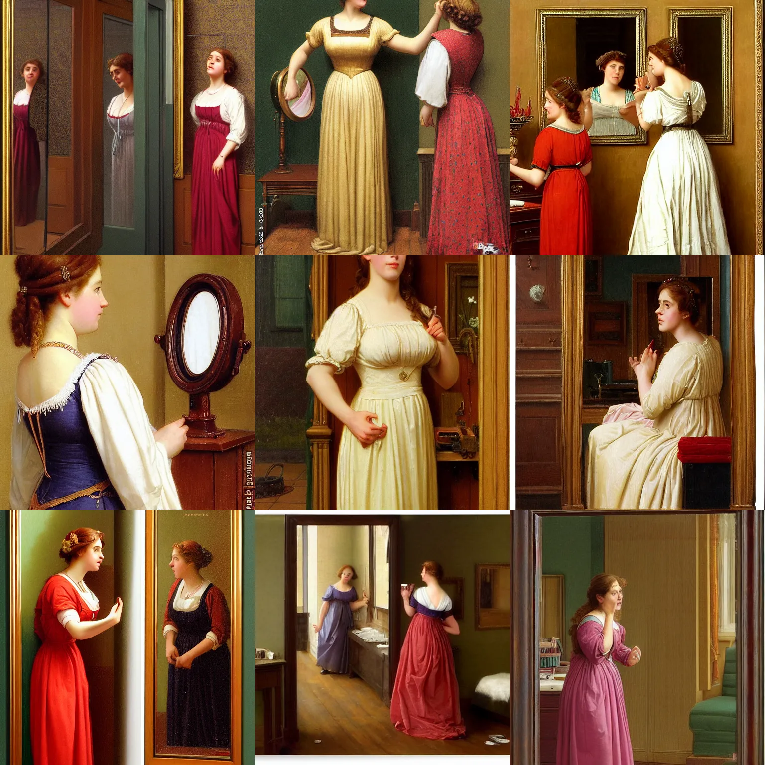 Prompt: pam beesly looking in mirror, surprised, pulling her own clothes, by edmund blair leighton