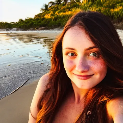 Prompt: Selfie photographCute young woman, long shiny bronze brown hair, green eyes, cute freckles, soft smile, golden hour, beach setting, medium shot, mid-shot, instagram