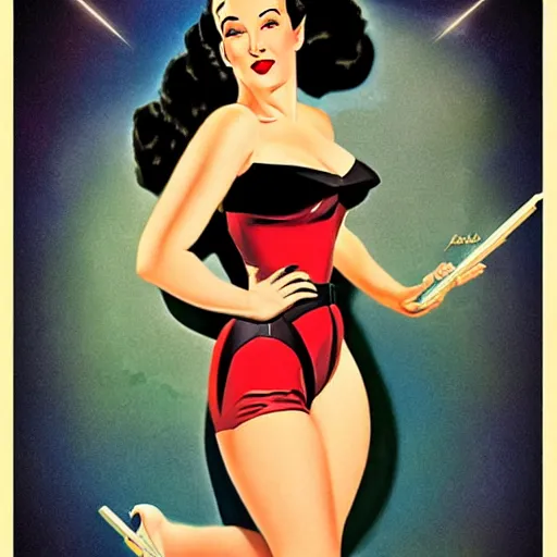 Image similar to a retro sci - fi pinup illustration of dita von teese in the style of alberto vargas and in the style of gil elvgren.