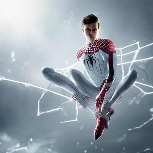 Image similar to white spider - man suit with black web lining, cinematic, volumetric lighting, realistic, hyperdetailed, photorealistic, photograph