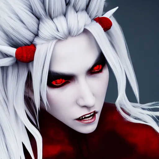 Image similar to a highly detailed portrait of a humanoid demon girl with white hair, red horns, in white clothes, red eyes, artstation, deviantart, professional, unreal engine 5, photorealistic