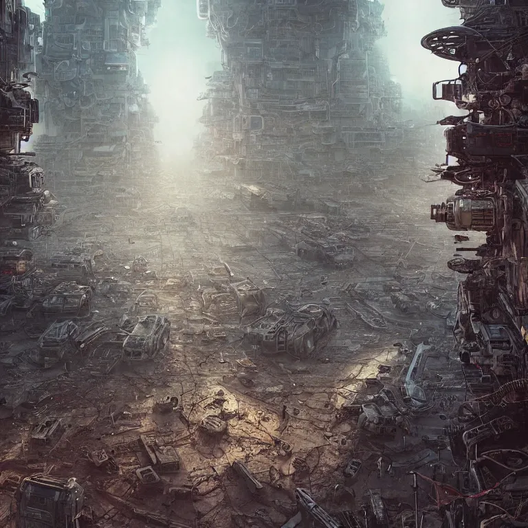 Prompt: an army of terminators in a dystopian hellscape city, intricate artwork by Tooth Wu and wlop and beeple, greg rutkowski, very coherent symmetrical artwork, cinematic, hyper realism, high detail, octane render, unreal engine, 8k, Vibrant colors, Smooth gradients, High contrast, depth of field by Jacek Yerka, Mariusz Lewandowski, Houdini algorithmic generative render, Abstract brush strokes, Masterpiece, Edward Hopper and James Gilleard, Zdzislaw Beksinski, Mark Ryden, Wolfgang Lettl, hints of Yayoi Kasuma, octane render, 8k