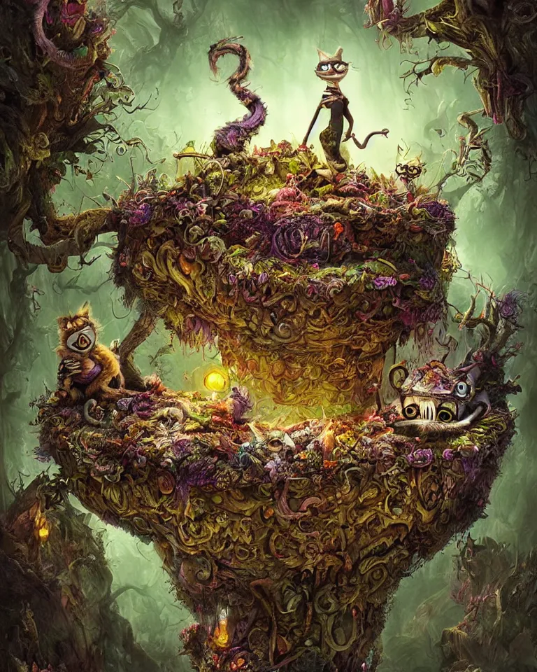 Prompt: Hyperdetailed Fear and Loathing in Wonderland Cheshire Cat fantasy art by Nekro and Seb McKinnon, unstirred paint, vivid color, cgsociety 4K.