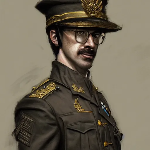 Image similar to portrait of stoic looking john oliver, military uniform, fantasy, intricate, elegant, highly detailed, centered, dark, smokey, charcoal painting, digital painting, artstation, concept art, smooth, sharp focus, illustration, art by artgerm and greg rutkowski and alphonse mucha